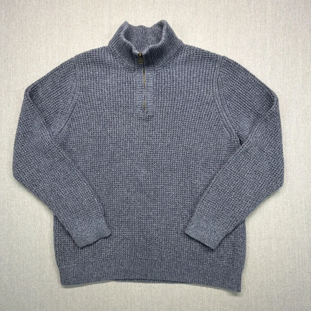 LL Bean Sweater Men's XL Blue Waffle Knit Quarter Zip Organic Cotton